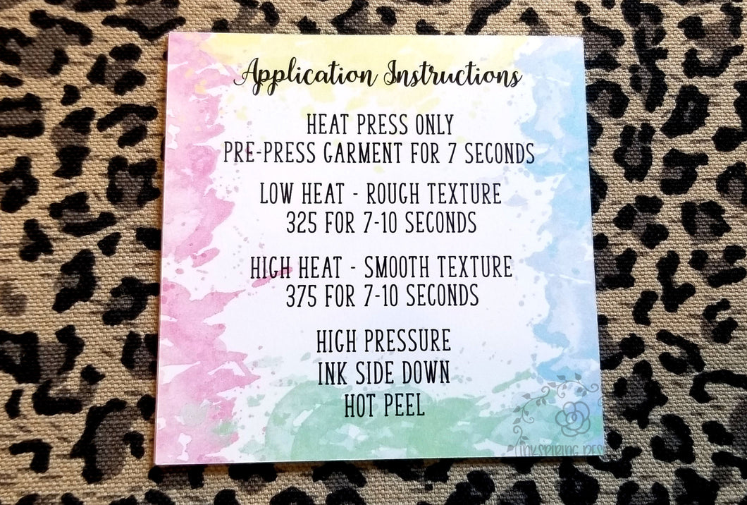 Rainbow Splash Transfer Application Cards Printed and Cut