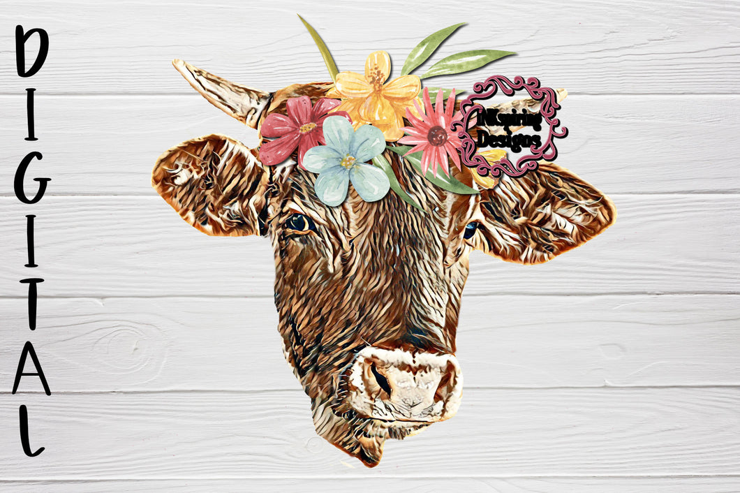 Cow Head Yellow Florals PNG Sublimation Design