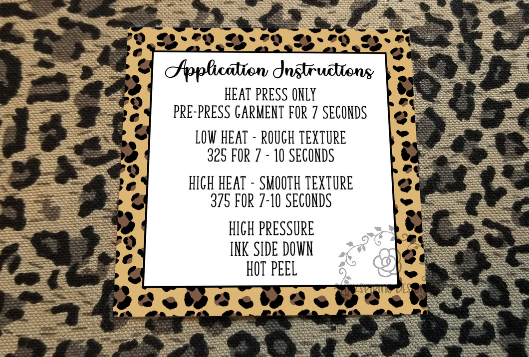 Leopard Transfer Application Instruction Cards Printed and Cut