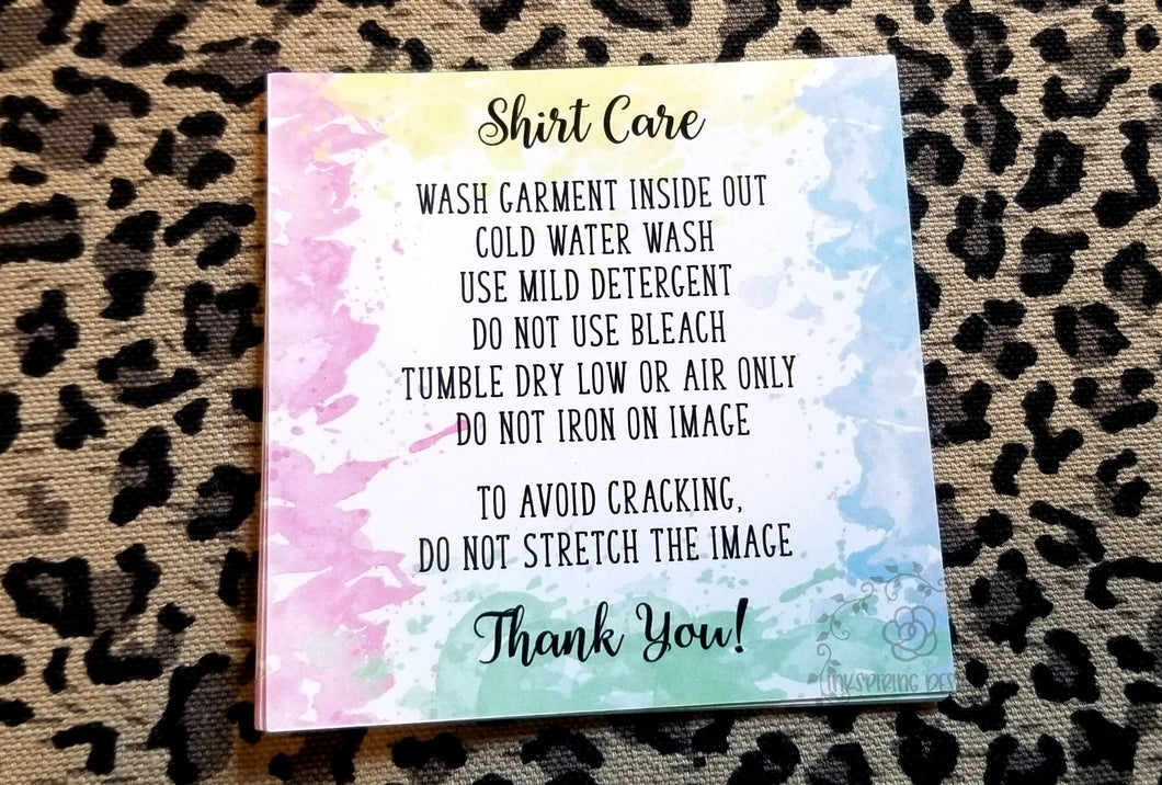 Rainbow Splash Shirt Care Cards Printed and Cut